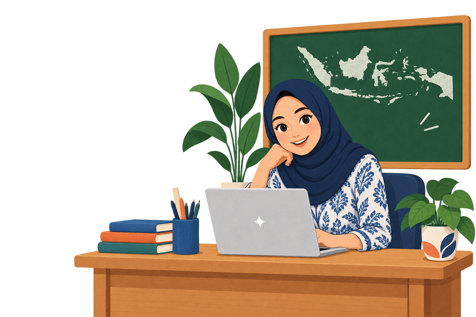 Guru Indonesia sedang bekerja dengan laptop di kelas